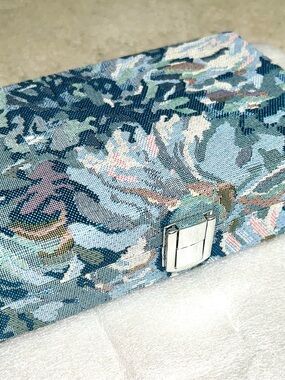 Blue Floral Tapestry Clutch with Silver Tone Closure 8x5 size chain 21”